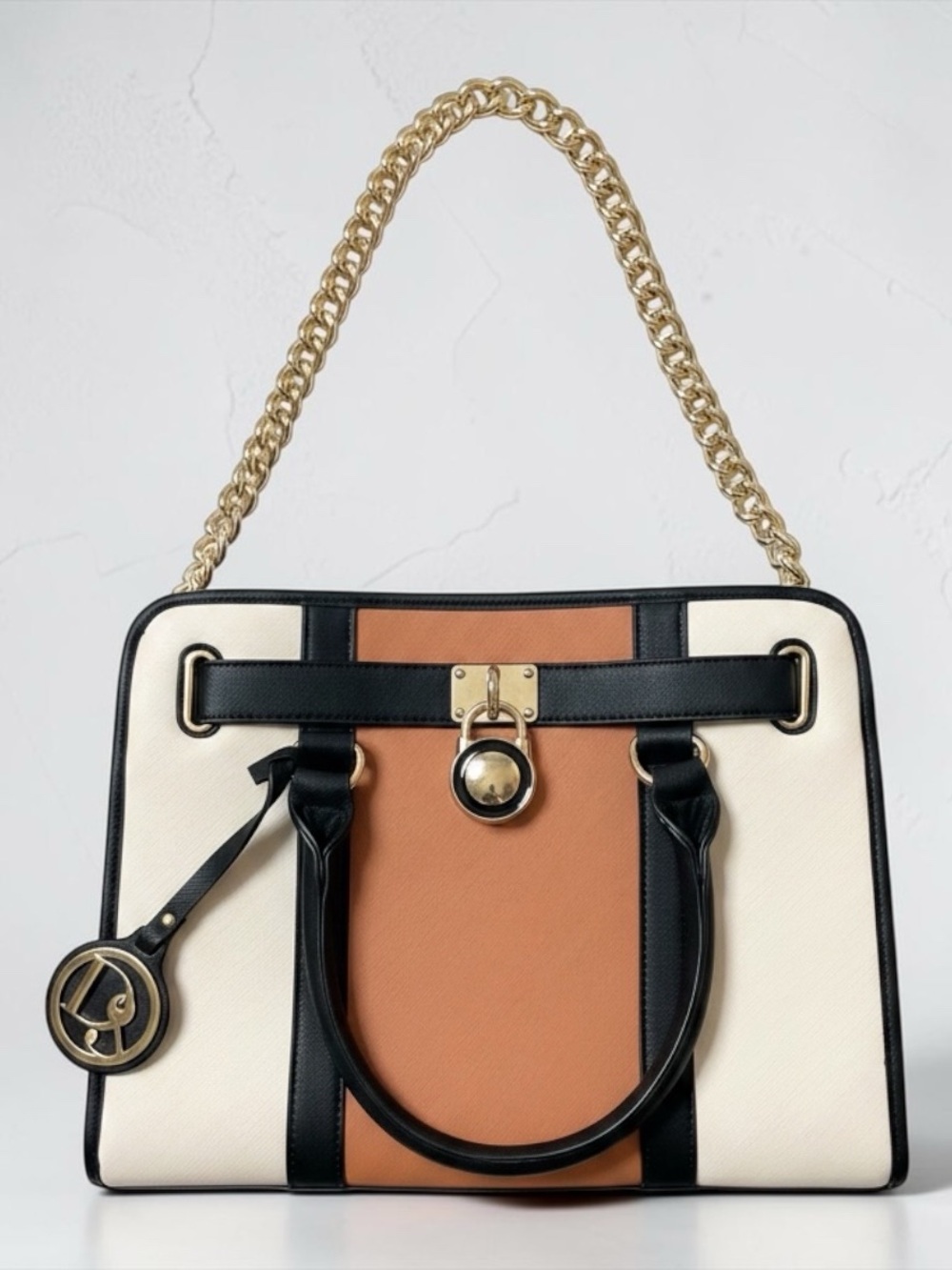 Dasein 3 tone design Black, Cream & Tan Satchel metal lock, footed NWOT